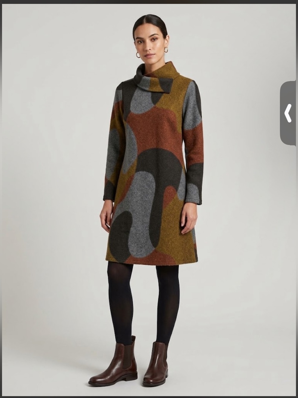 Abstract-Pattern Cowl-Neck Mini Dress in brown gray Multi Print Soft Fleece NWT
